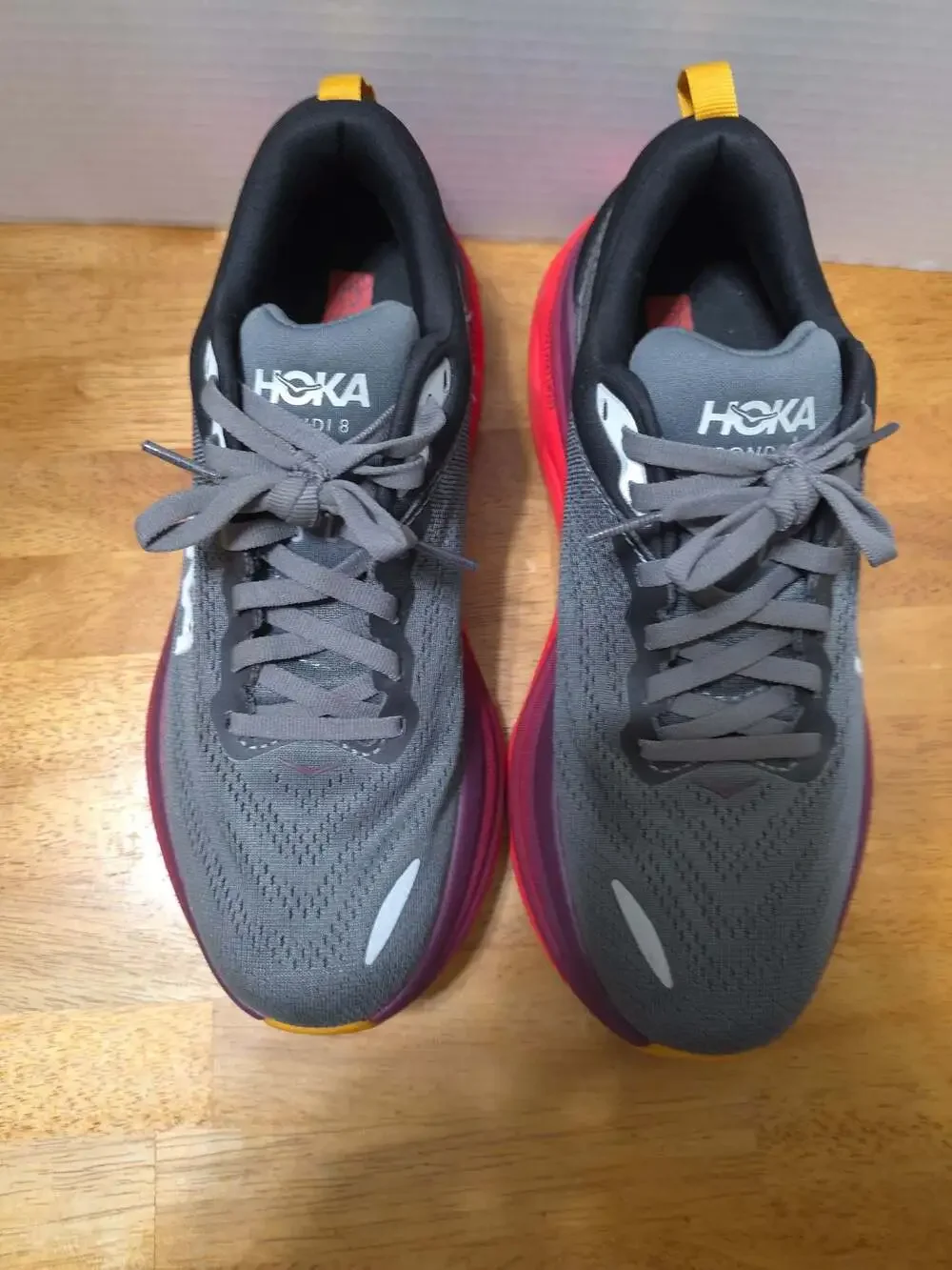 HOKA Bondi 8 Running Shoes Castlerock Strawberry Red Gray